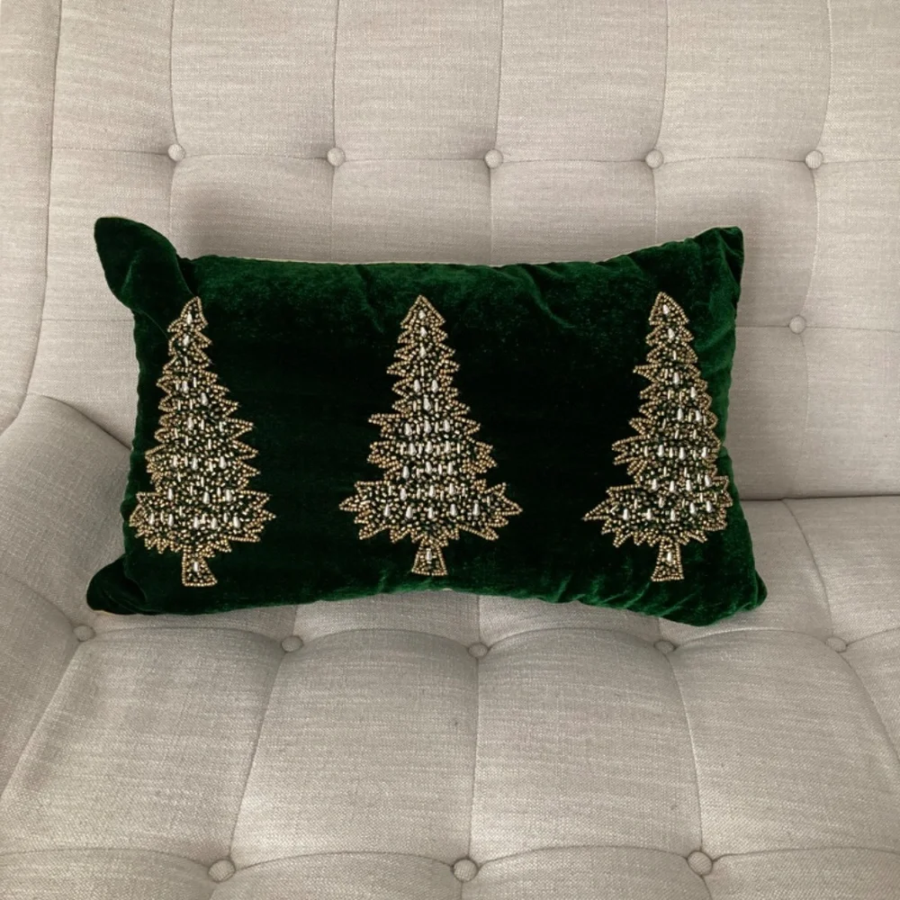 Rachel Ashwell Velvet Beaded Christmas Trees Throw Pillow 14x22 Green EUC